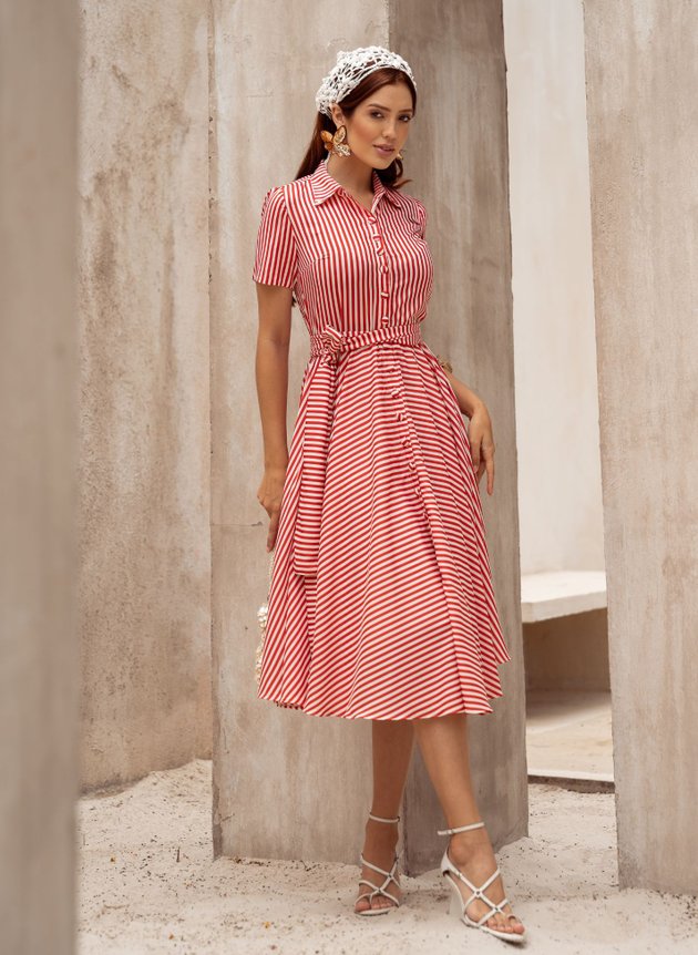VESTIDO MIDI LISTRADO CAMISARIA VERMELHO FLAVIA JANY PIM