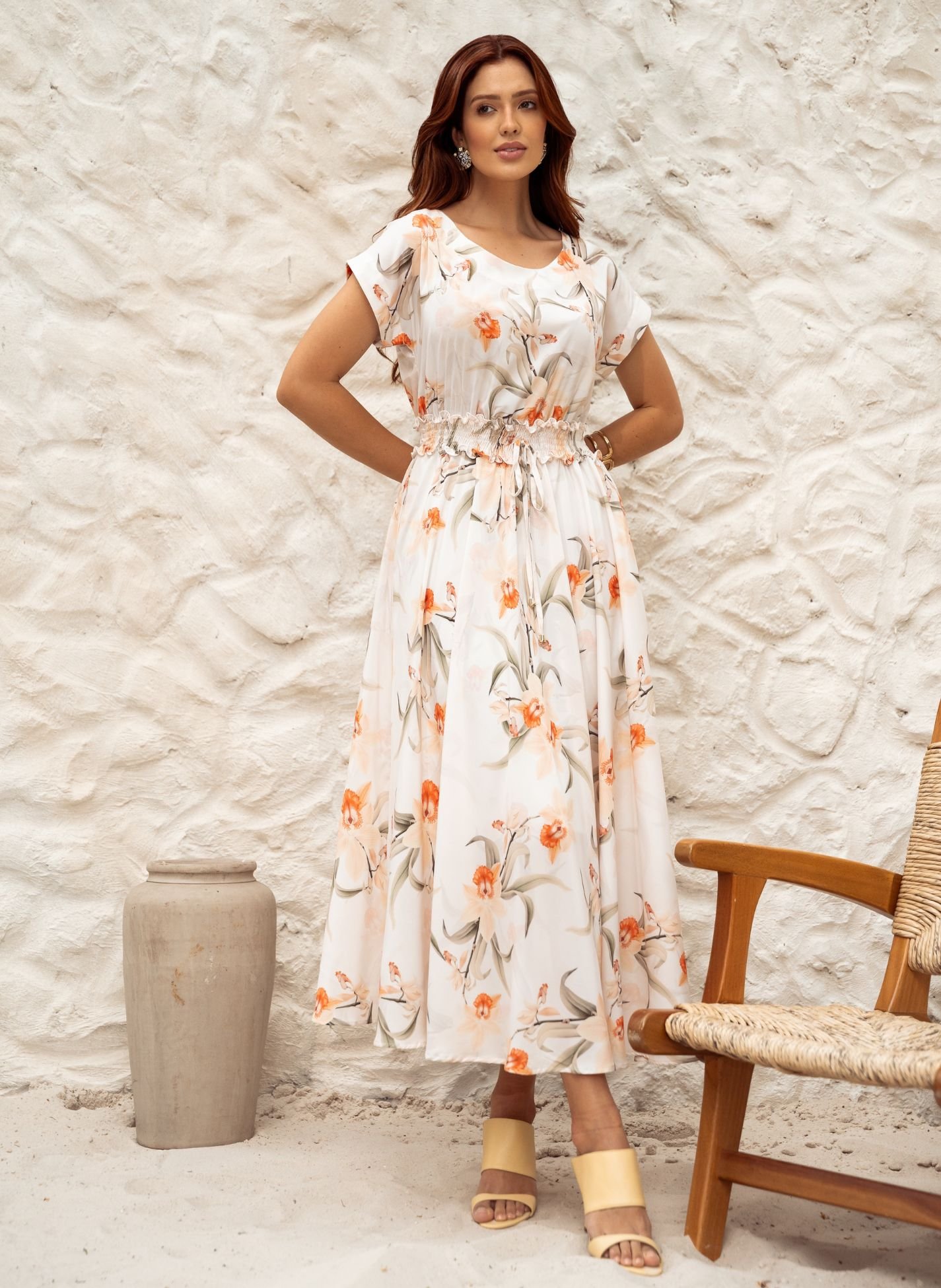 VESTIDO MIDI FLORAL OFF WHITE LUISA - JANY PIM